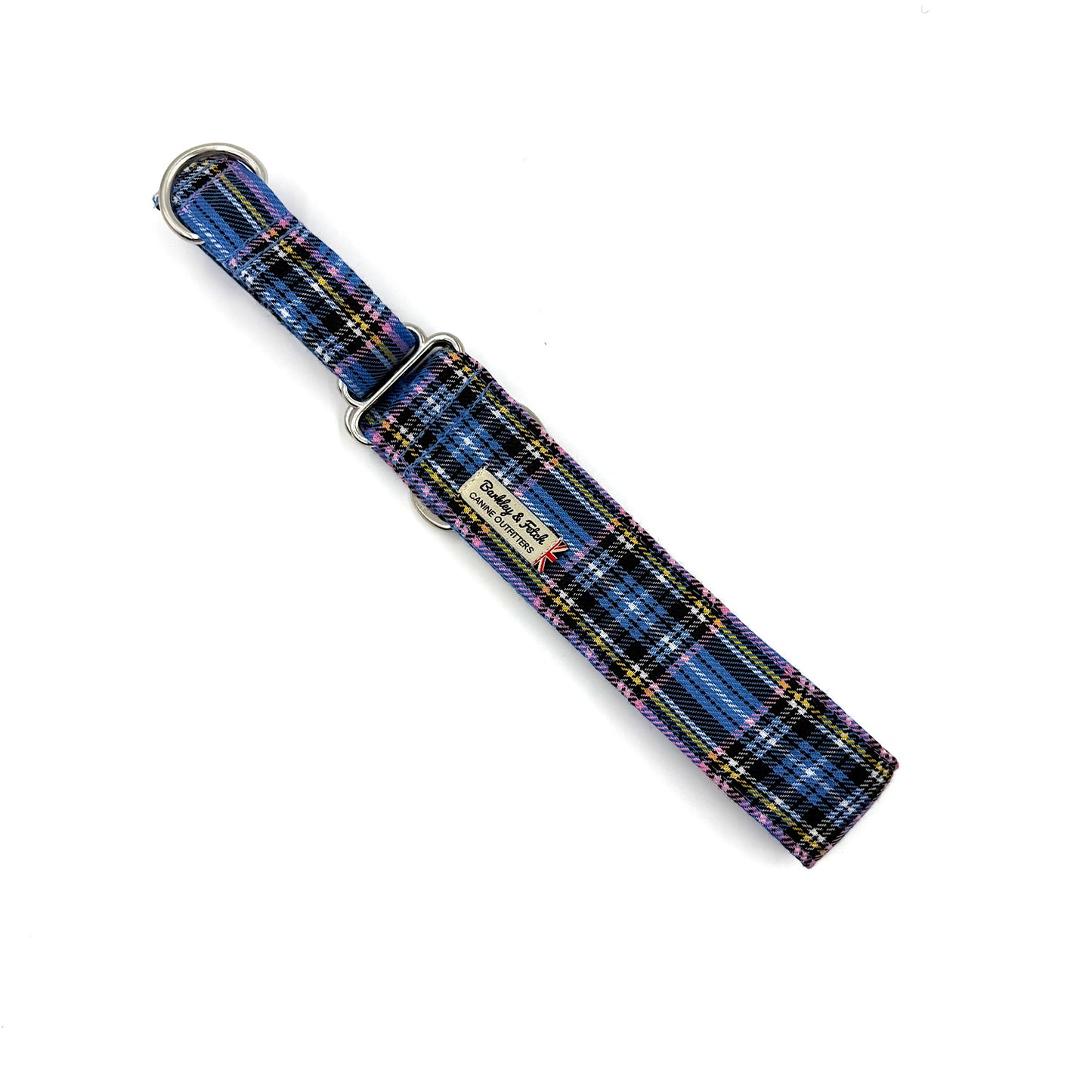 Blue plaid dog collar on a white background
