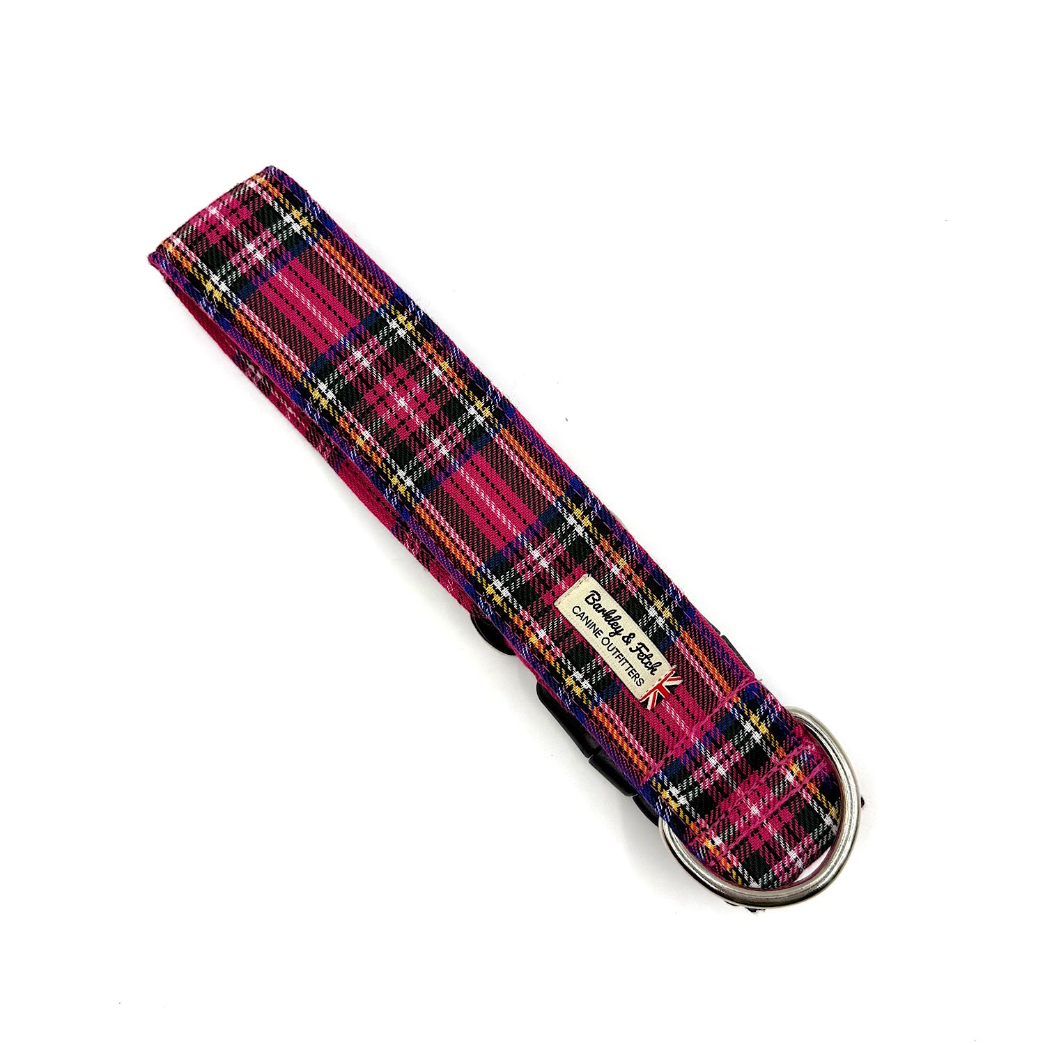 Plaid dog collar with a visible brand label on a white background