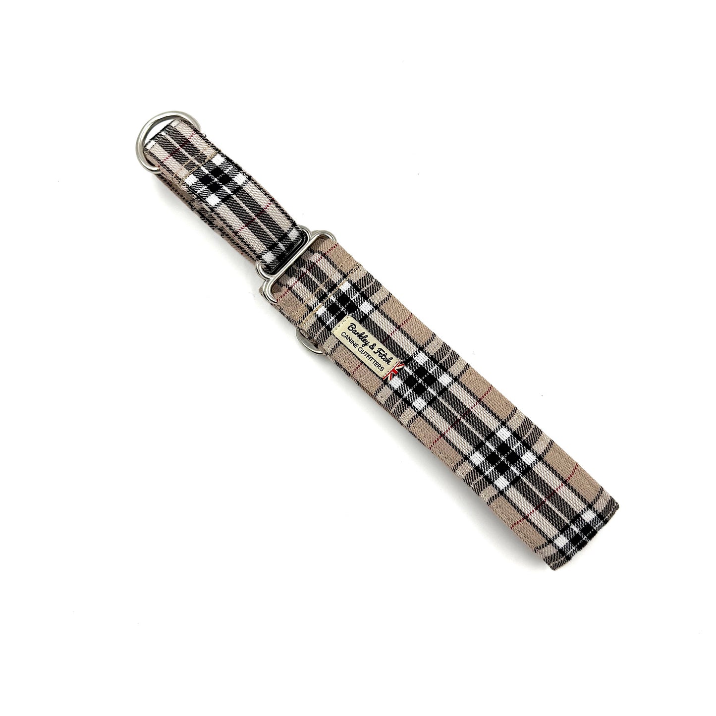 Plaid dog collar with metal buckle on a white background
