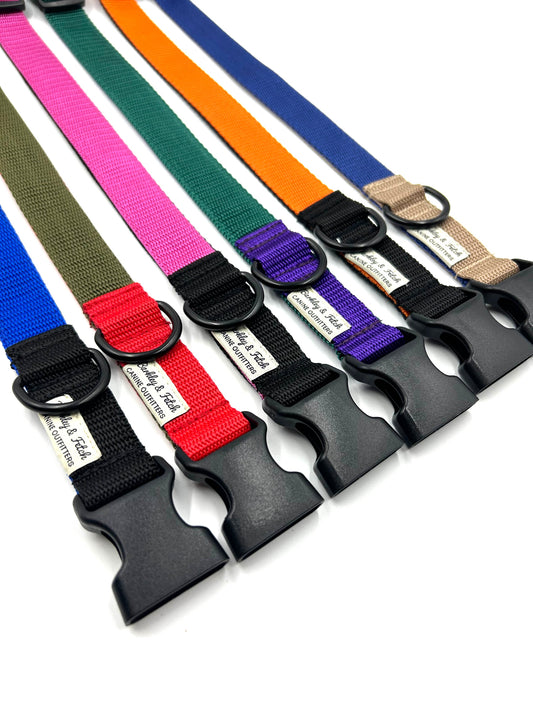 handmade colour block dog collars in a row