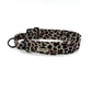 Leopard print dog collar with brand name on a white background