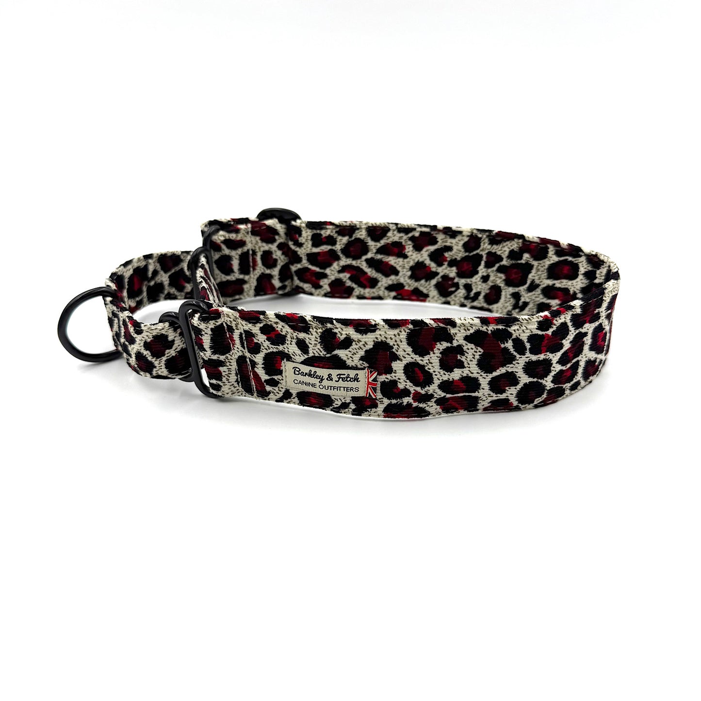 Leopard print dog collar with brand name on a white background