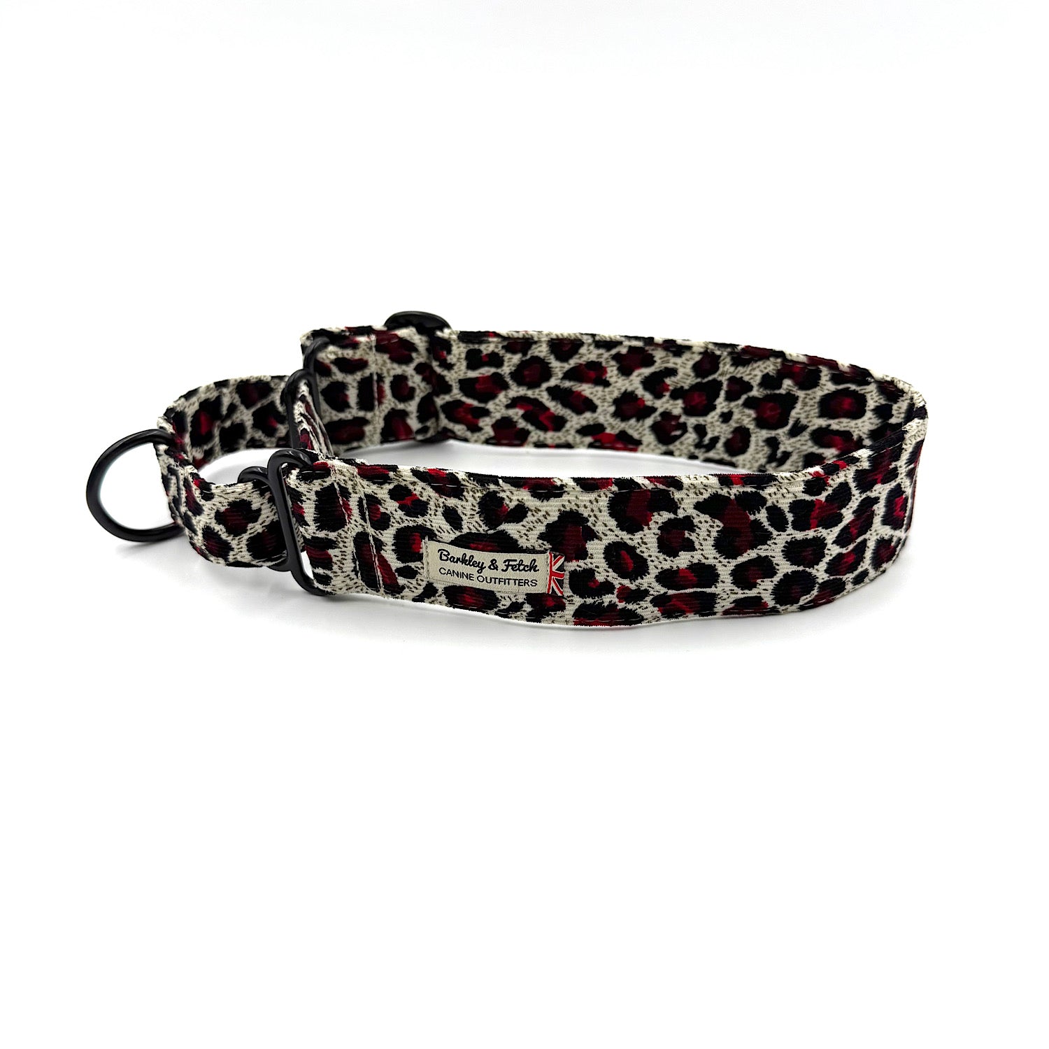 Leopard print dog collar with brand name on a white background