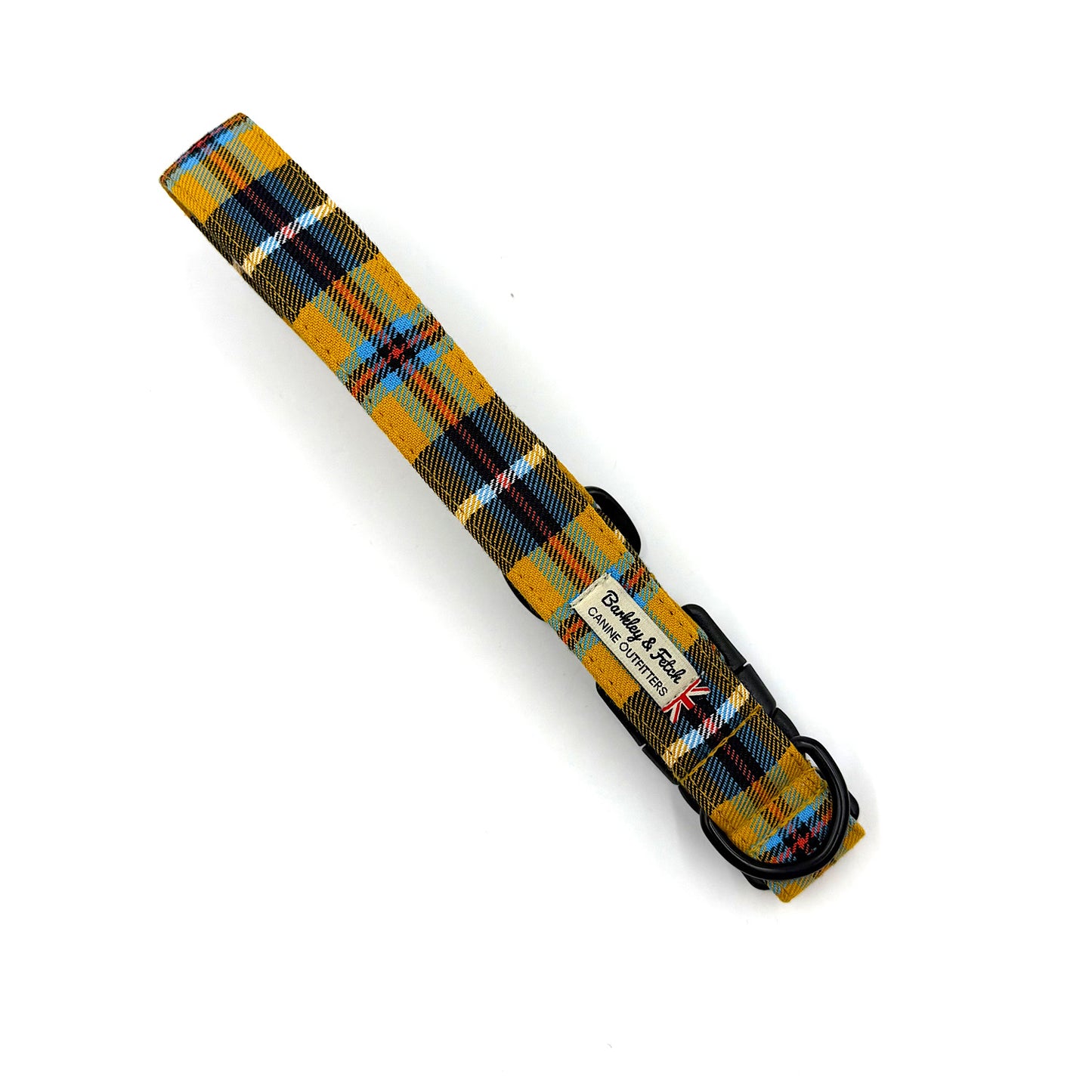 Plaid dog collar with visible brand label on a white background