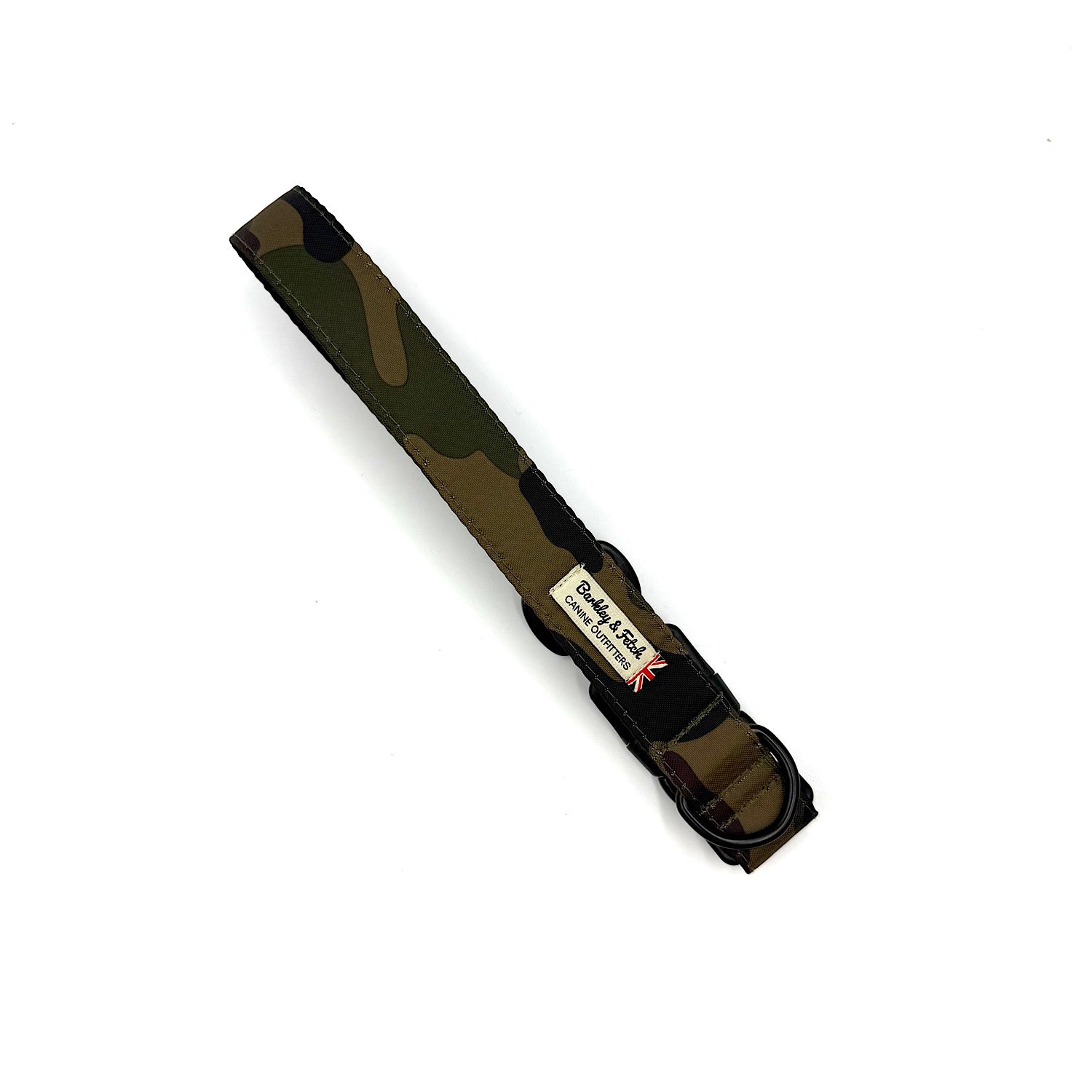 Camouflage dog collar with a brand label on a white background