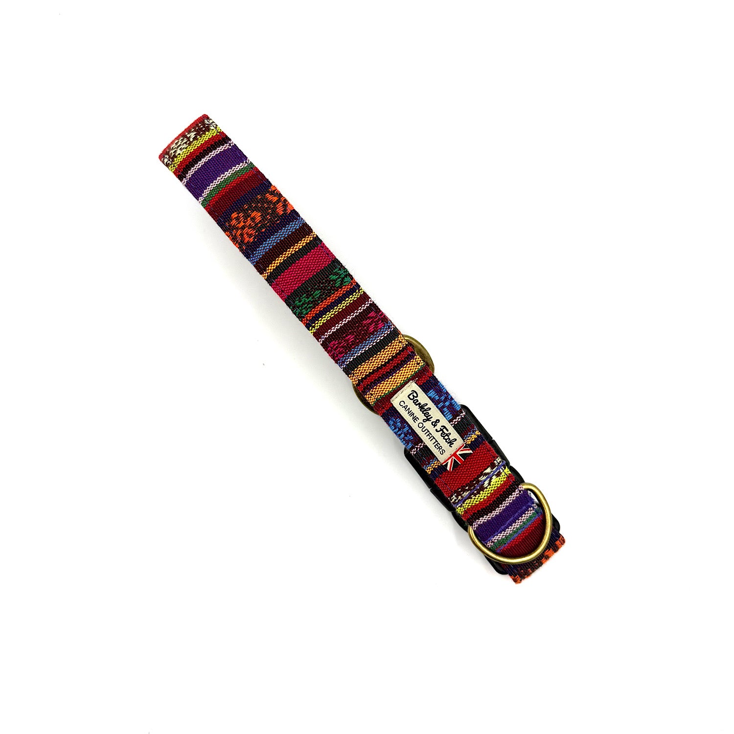 Colorful woven dog collar with a brand label on a white background