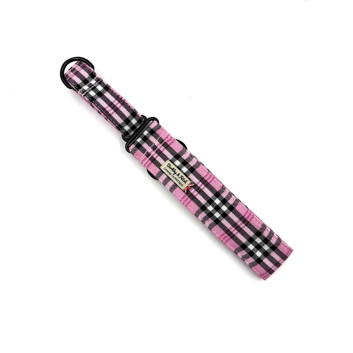 Pink and black checkered dog collar on a white background