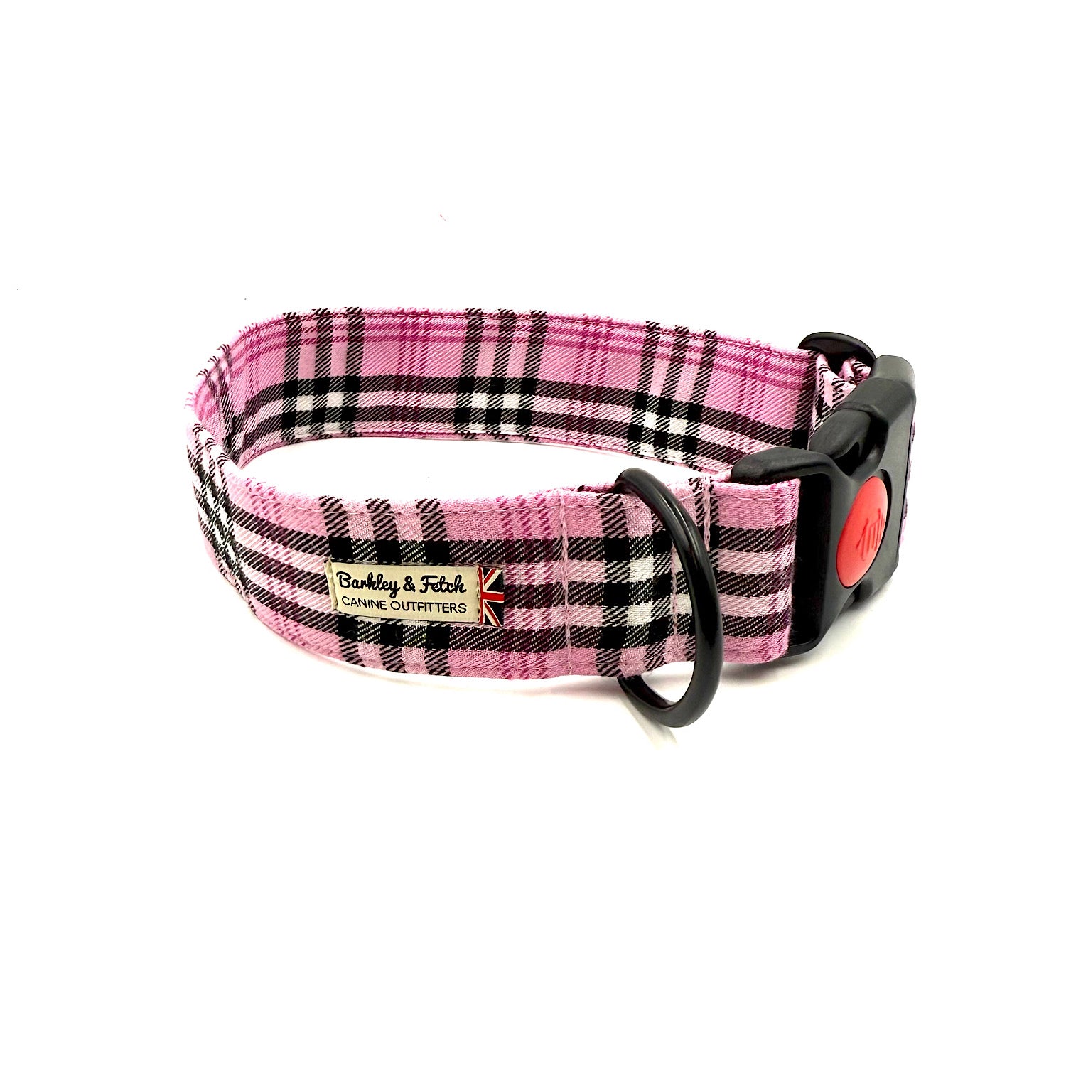 Pink and black plaid dog collar with a red button on a white background