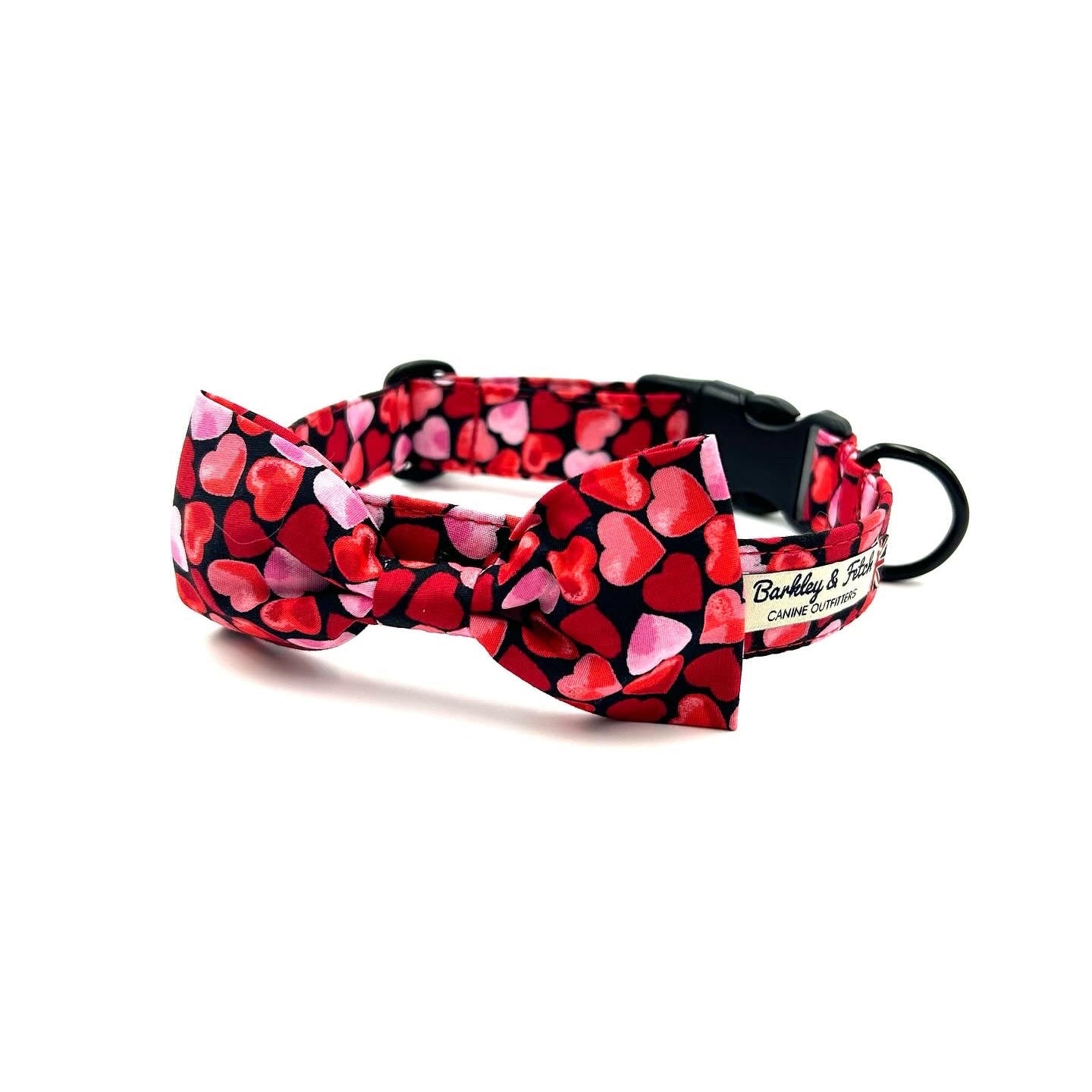 Heart-patterned dog collar with a brand label on a white background handmade in the UK by Barkley And Fetch