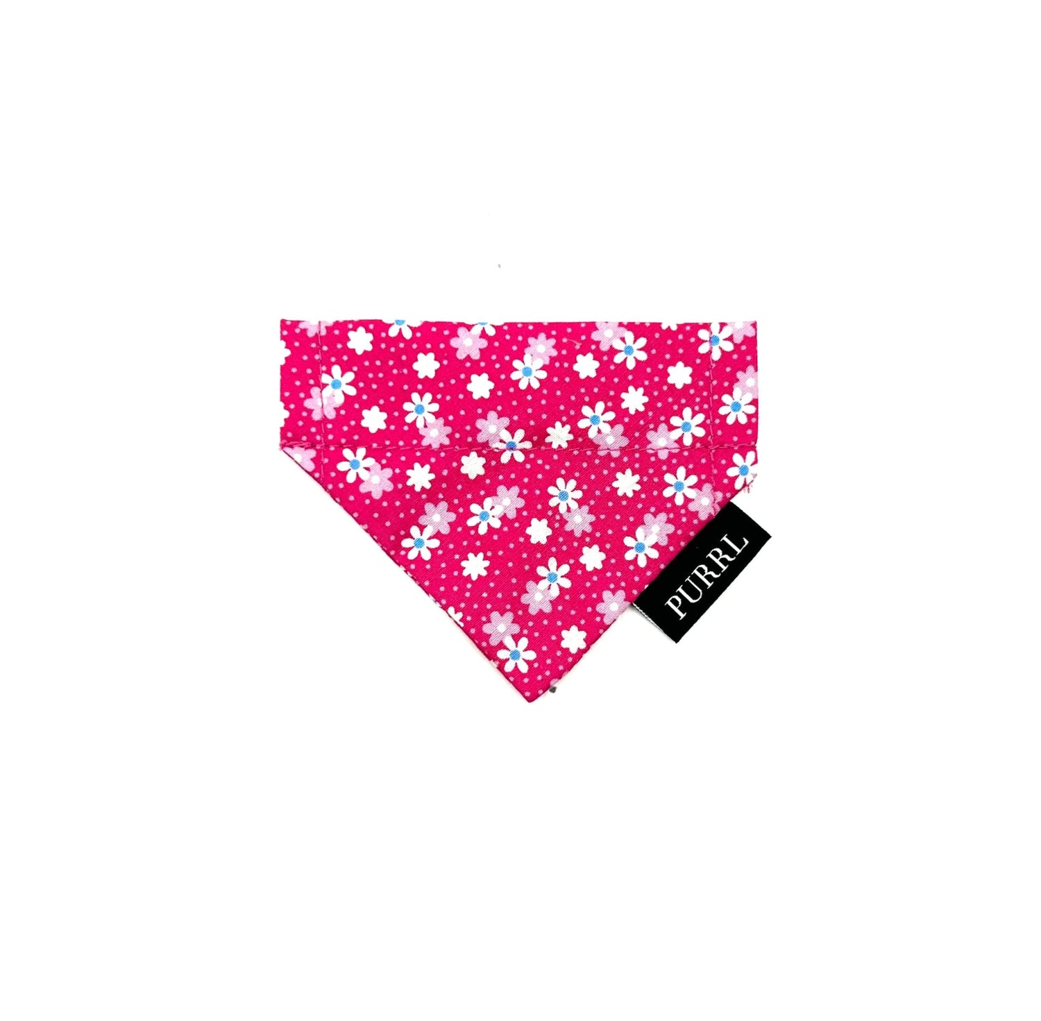 Pink floral patterned bandana with a black tag on a white background handmade by Barkley And Fetch