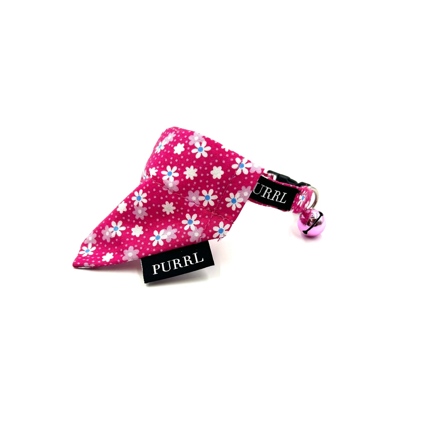 Cat accessory  with pink bell by PURRL on a white background, handmade by Barkley and Fetch