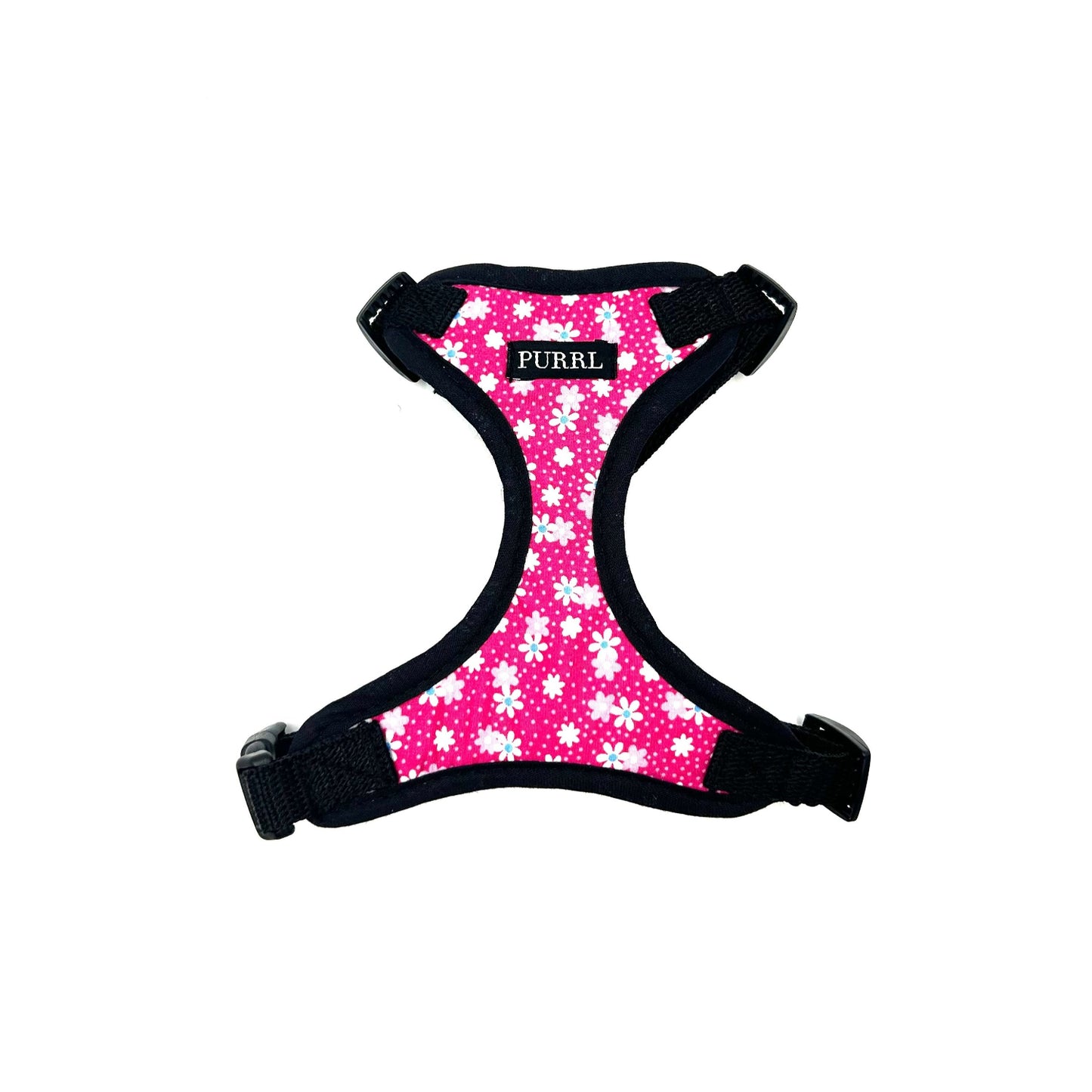 Pink catt harness with white floral pattern on a white background handmade by Barkley And Fetch