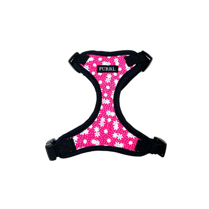 Pink catt harness with white floral pattern on a white background handmade by Barkley And Fetch