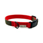 handmade khaki and red colour block dog collar on a white background