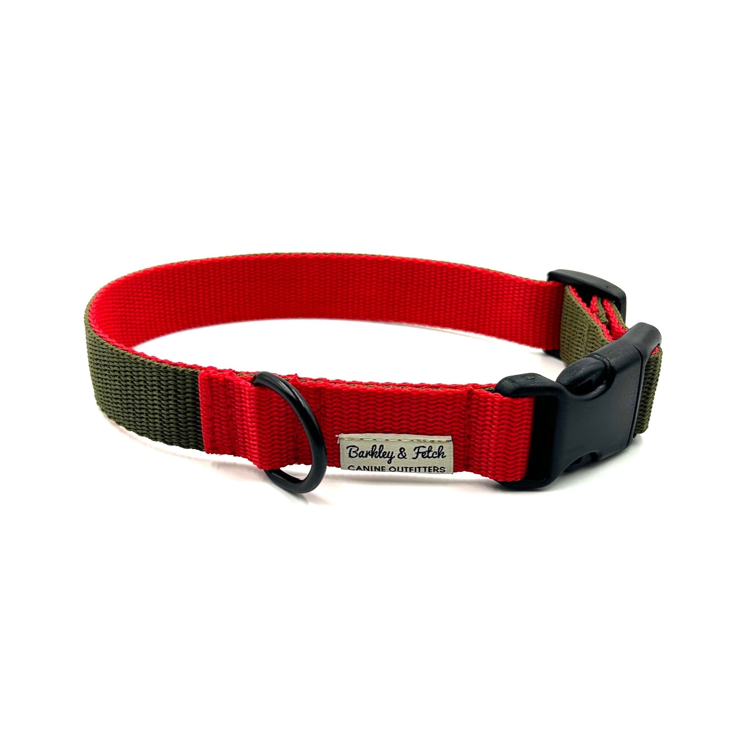handmade khaki and red colour block dog collar on a white background
