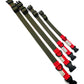 4 handmade khaki and red colour block dog collars diagonally laid on a white background