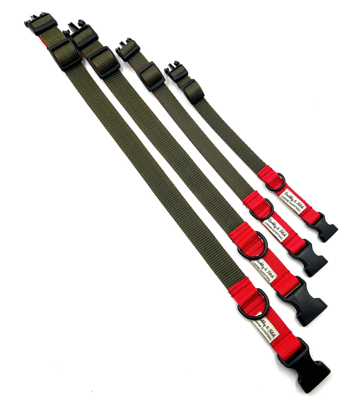 4 handmade khaki and red colour block dog collars diagonally laid on a white background