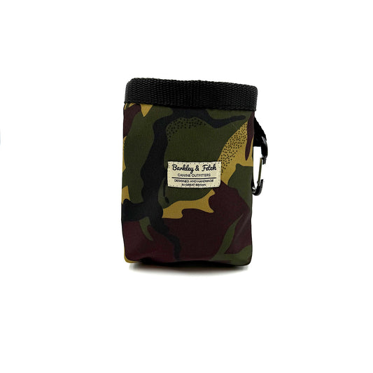 Camouflage-patterned pouch with a black strap on a white background handmade in uk by barkley and fetch