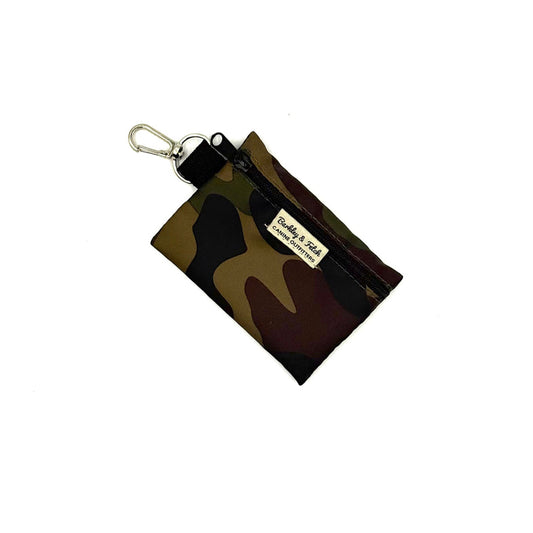 Camouflage pouch with keychain clip on a white background