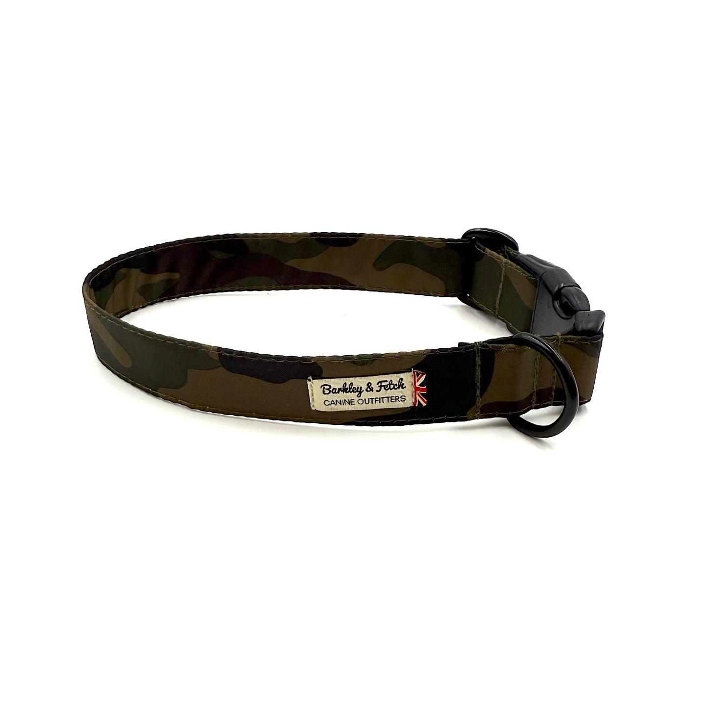 Camouflage dog collar with a brand label on a white background