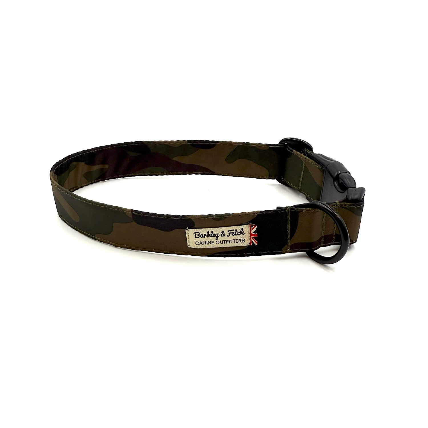Camouflage dog collar with a brand label on a white background