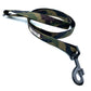 A khaki camo print dog lead with a heavy duty metal trigger hook and a D-ring on the handle.