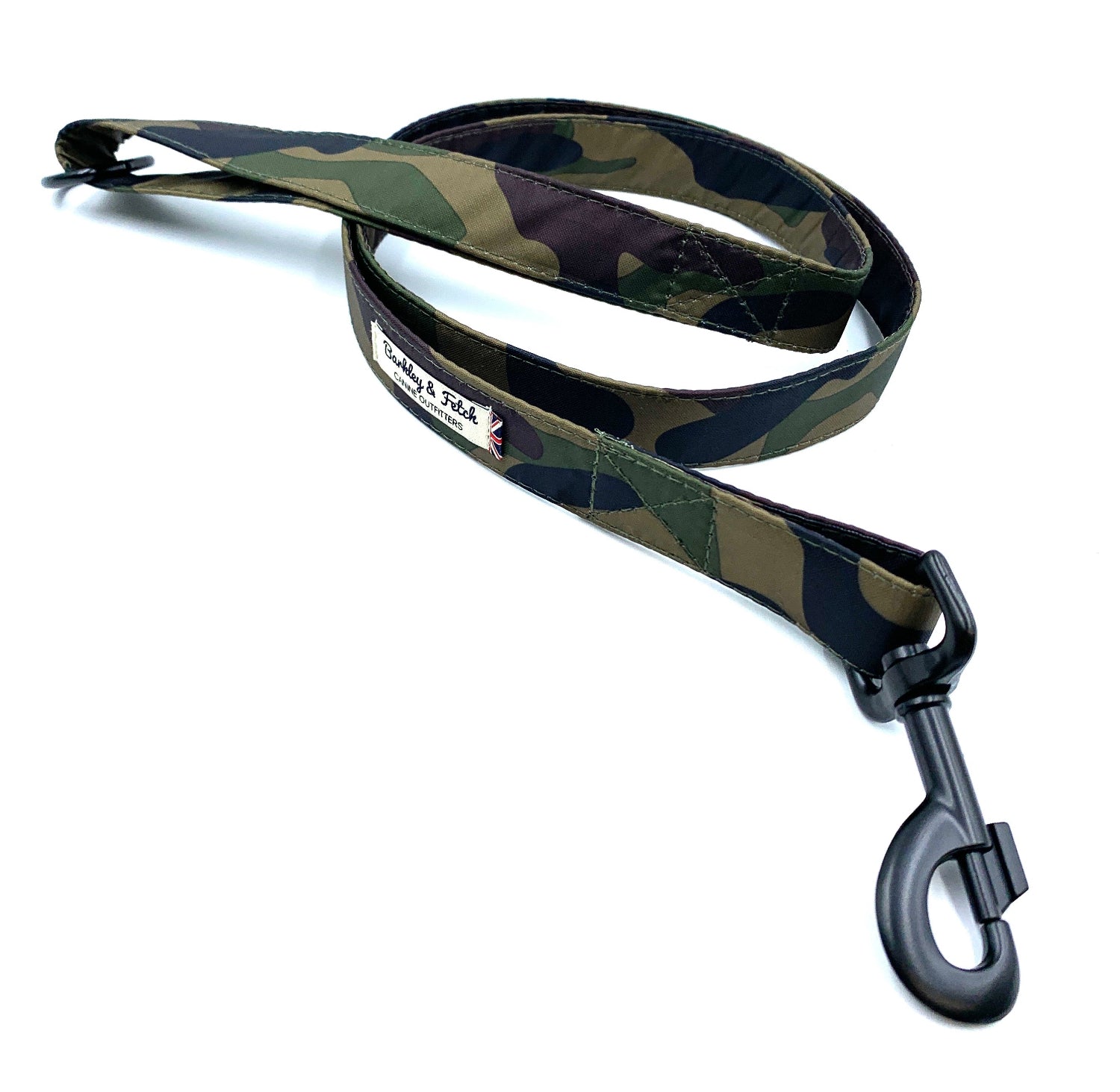 A khaki camo print dog lead with a heavy duty metal trigger hook and a D-ring on the handle.