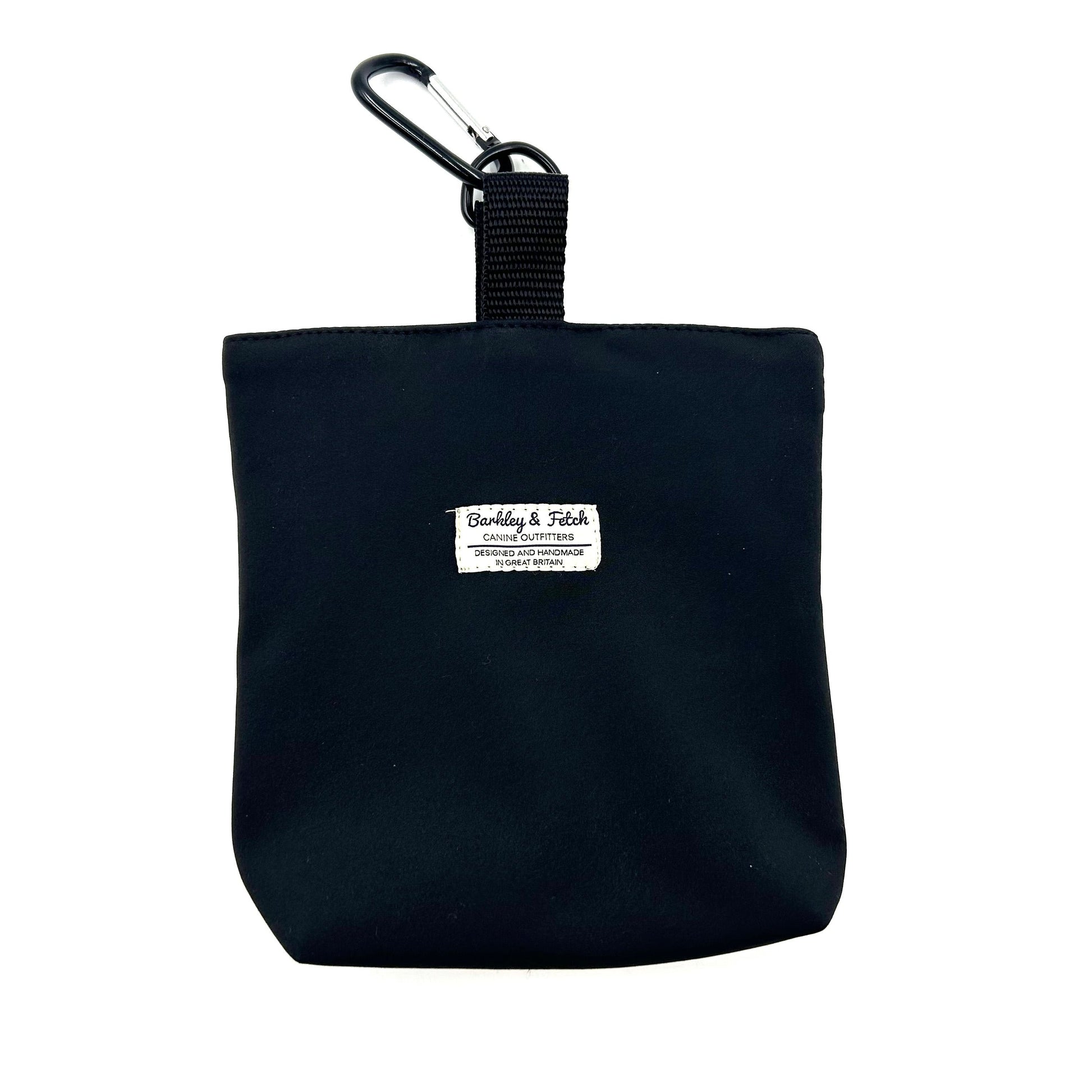 black pouch designed for carrying full poo bags for dogs on a white background handmade by barkley and fetch uk