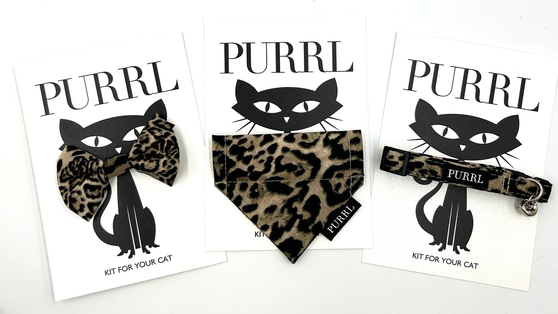 Cat accessories by PURRL on Purrl branded cards on a white background, handmade by Barkley and Fetch