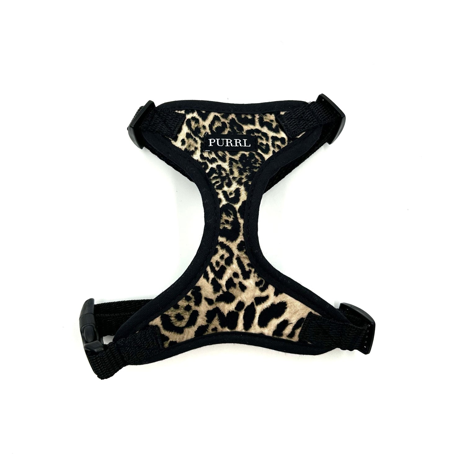 Leopard print cat harness with 'PURRL' branding on a white background handmade by Barkley And Fetch