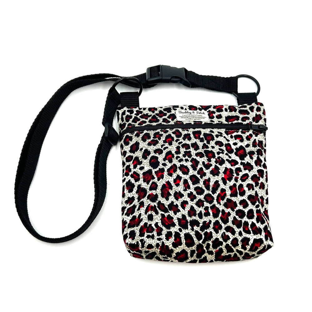 Leopard print bag with a black strap on a white background handmade by Barkley and Fetch UK