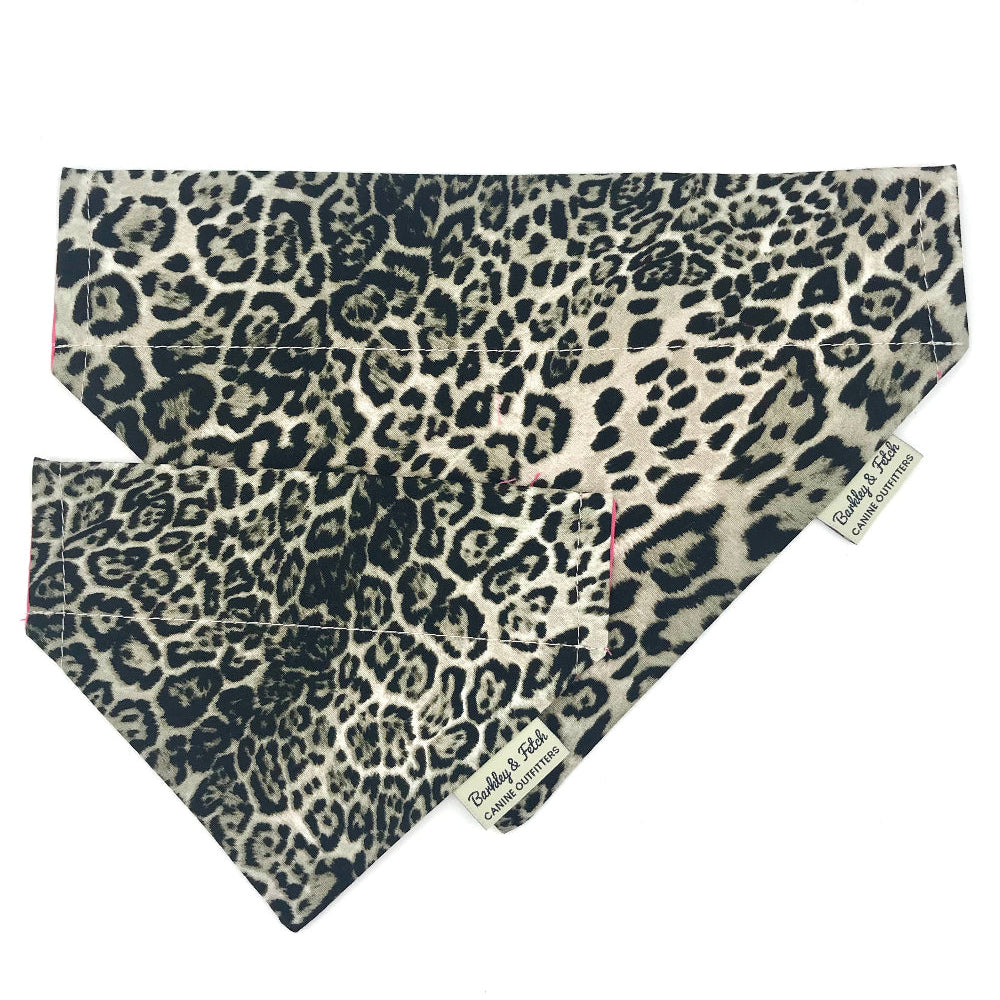 Leopard print bandana with brand label on a white background