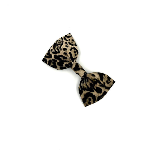Leopard print hair bow on a white background