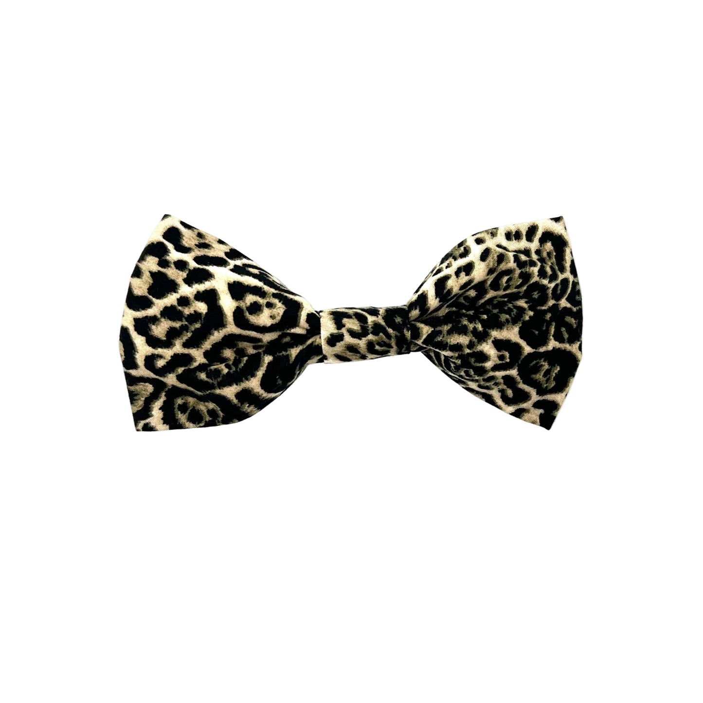 A leopard print dog bow tie with two elastic loops for securing to a collar handmade by Barkley and Fetch UK