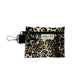 A leopard print poo bag holder with a keyring attachment and a zipper.