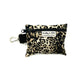 Leopard print pouch with a zipper and keychain clip on a white background