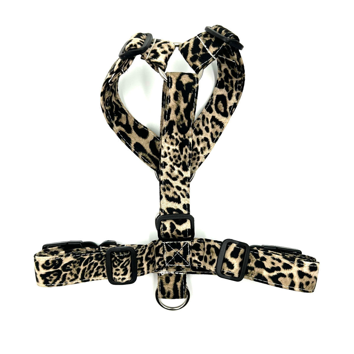 Leopard print dog harness on a white background handmade by Barkley and fetch UK