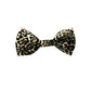 A leopard print dog bow tie with two elastic loops for securing to a collar.
