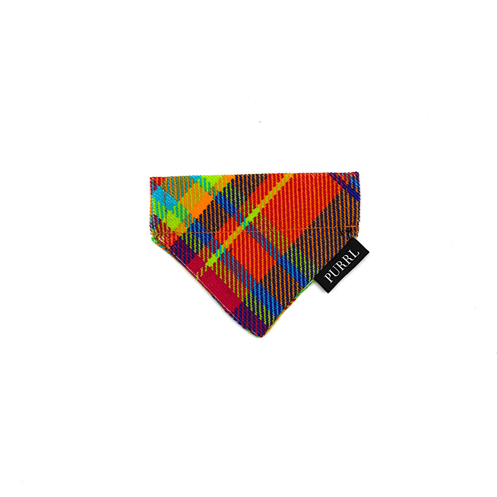 Colorful plaid bandana with a brand label on a white background handmade in UK by Barkley And Fetch