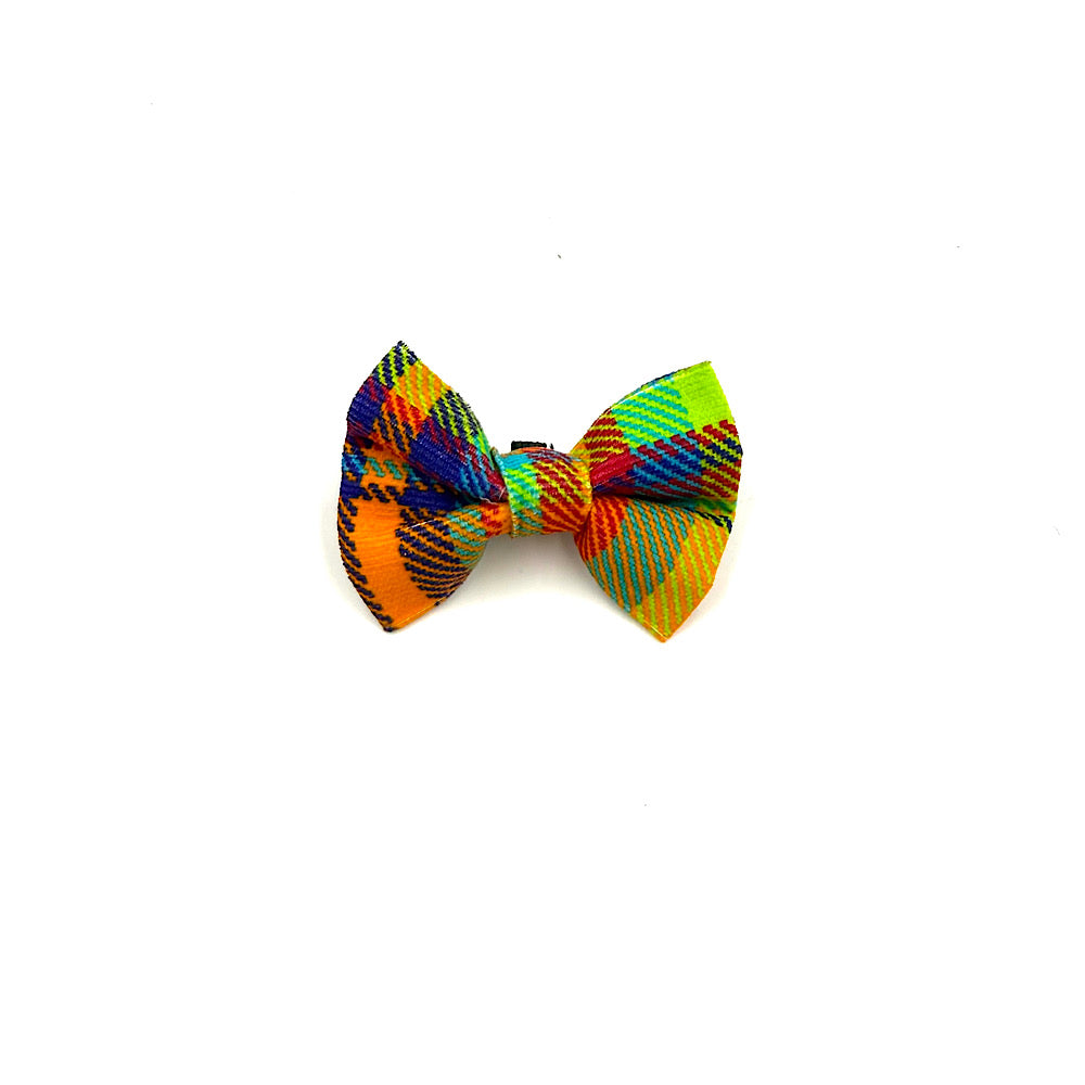 Colourful plaid bow tie on a white background handmade in UK by Barkley And Fetch