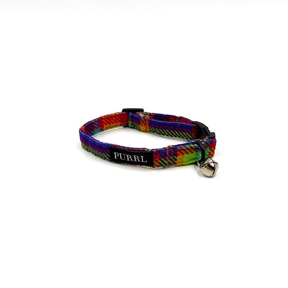 Colorful cat collar with 'PURRL' brand label on a white background handmade in UK by Barkley And Fetch