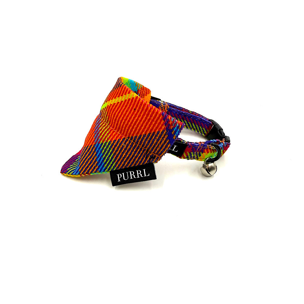 Colorful plaid cat collar with a bell on a white background handmade in UK by Barkley And Fetch