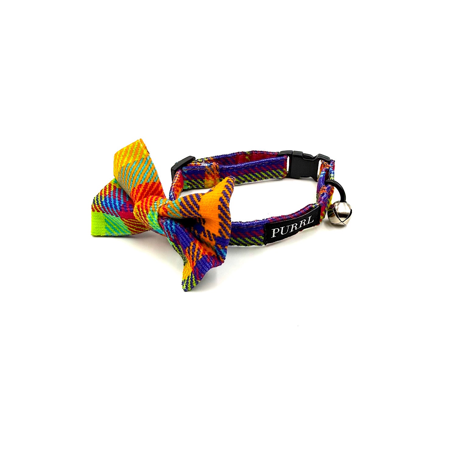 Colourful plaid bow tie and cat collar on a white background handmade in UK by Barkley And Fetch