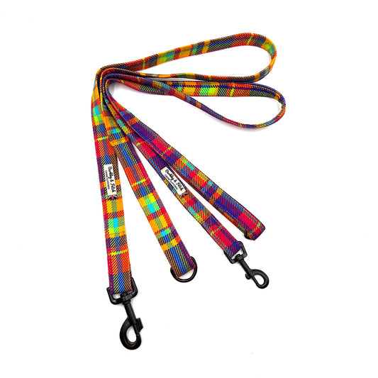 Colorful plaid dog leash with black clasp on a white background handmade by Barkley and fetch Uk