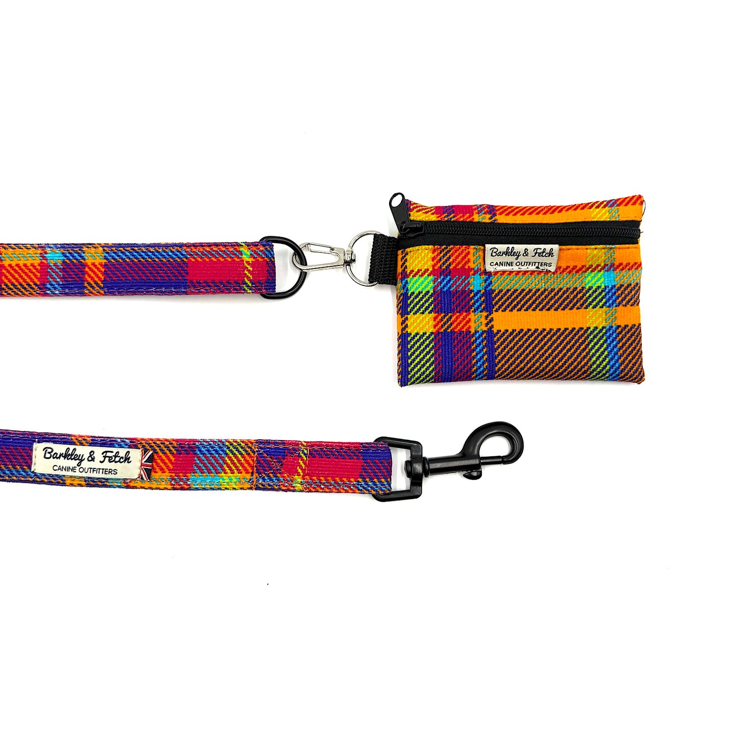Colorful plaid dog leash and pouch with visible brand on a white background handmade by Barkley and Fetch uk