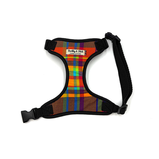 Colorful plaid dog harness on a white background made by Barkley and fetch Uk