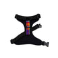 Black dog harness with a colorful plaid strap on a white background made by Barkley and fetch Uk