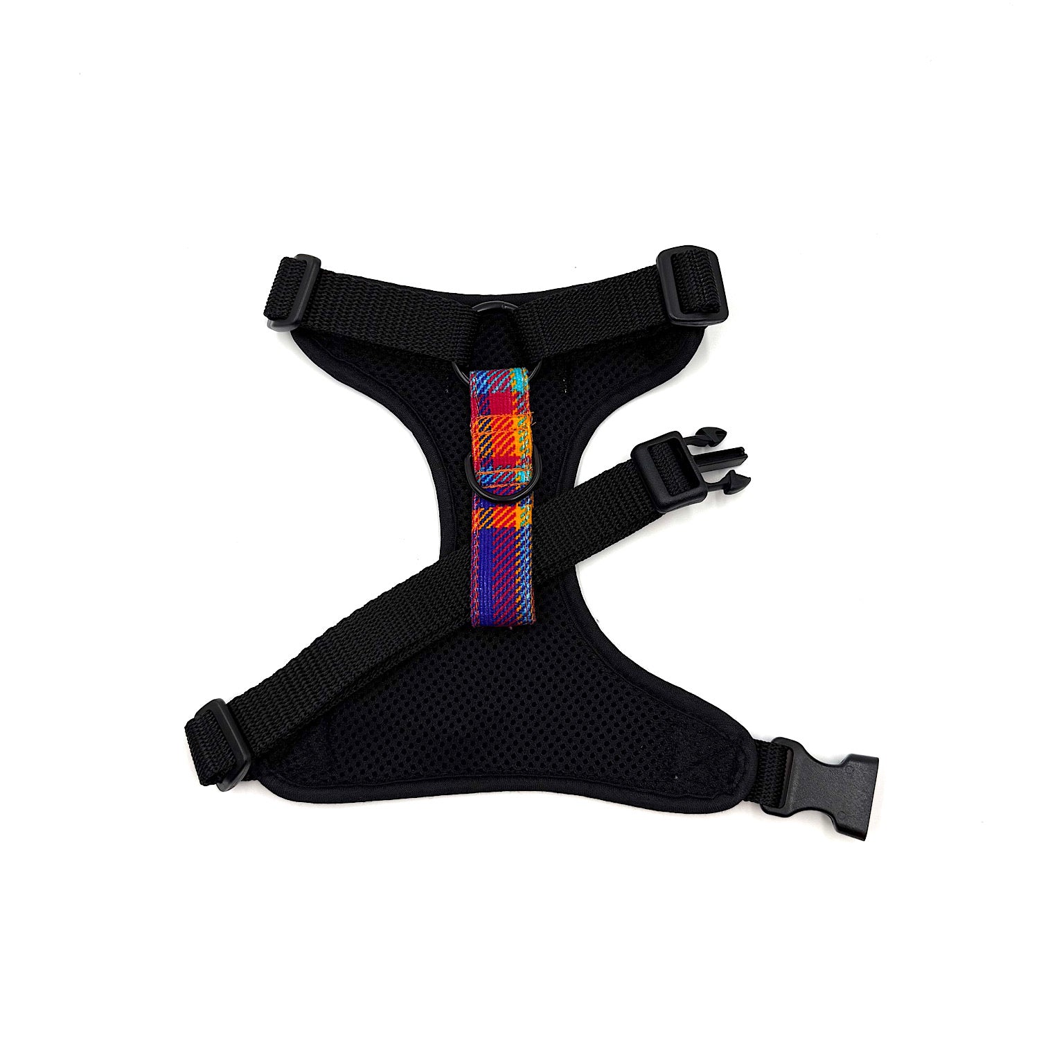Black dog harness with a colorful plaid strap on a white background made by Barkley and fetch Uk