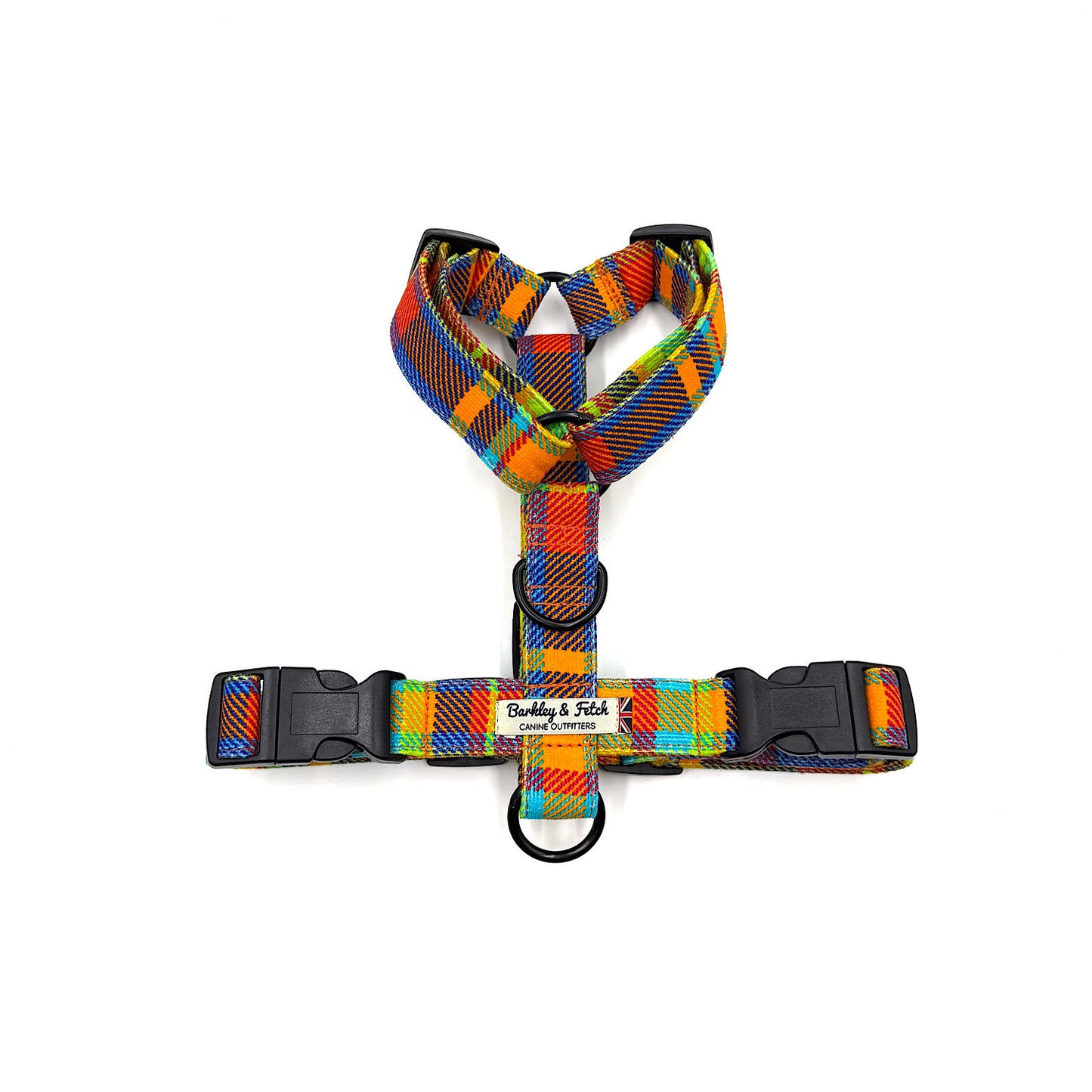 Colorful plaid dog harness on a white background HANDMADE IN UK BY BARKLEY AND FETCH