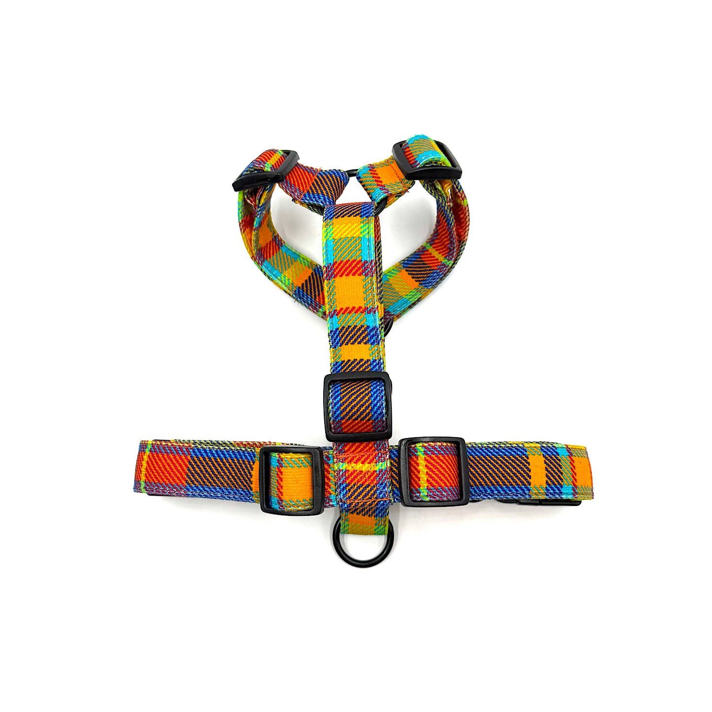 Colorful plaid dog harness on a white background HANDMADE IN UK BY BARKLEY AND FETCH